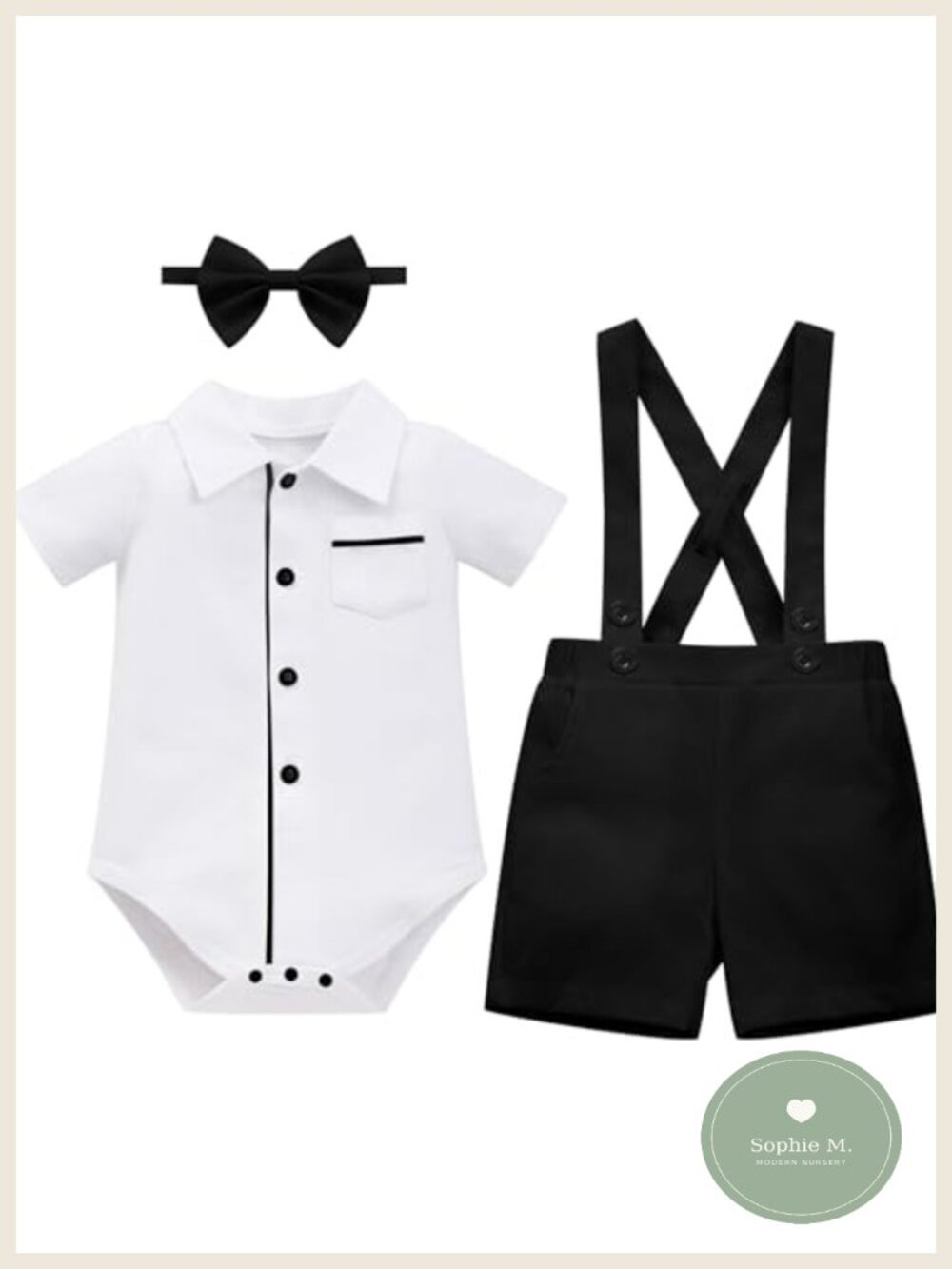 Baby Boy Formal Tuxedo Romper Set 3PCS Bowtie Suspenders Cotton Shorts